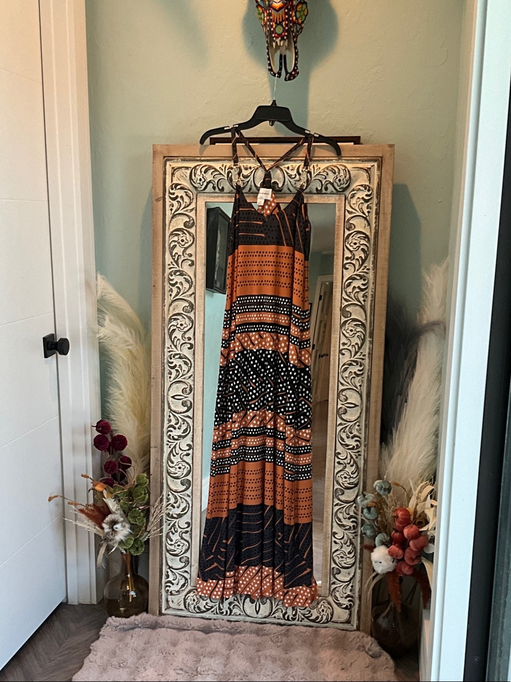 Boho Maxi Dress in Rust & Black - Strappy V-Neck